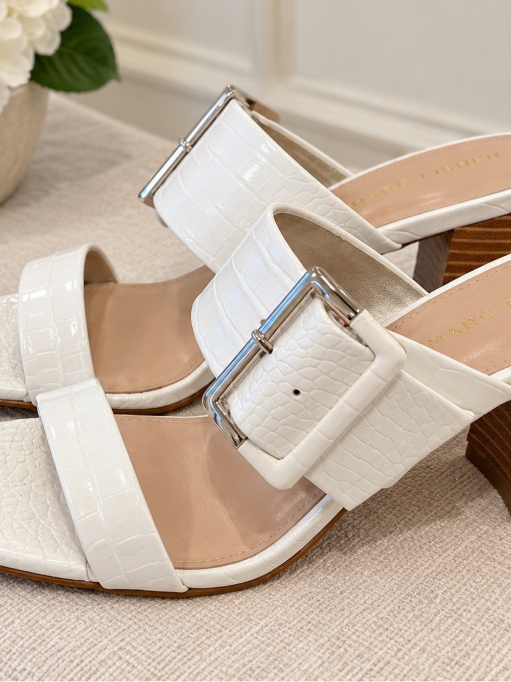 Kelly & Katie White Croc-Embossed Buckle Block Heel Sandals